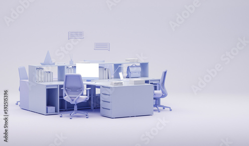 Purple monochrome minimal office table desk. Minimal idea concept for study desk and Business teamwork concept. Working with computer. 3d render
