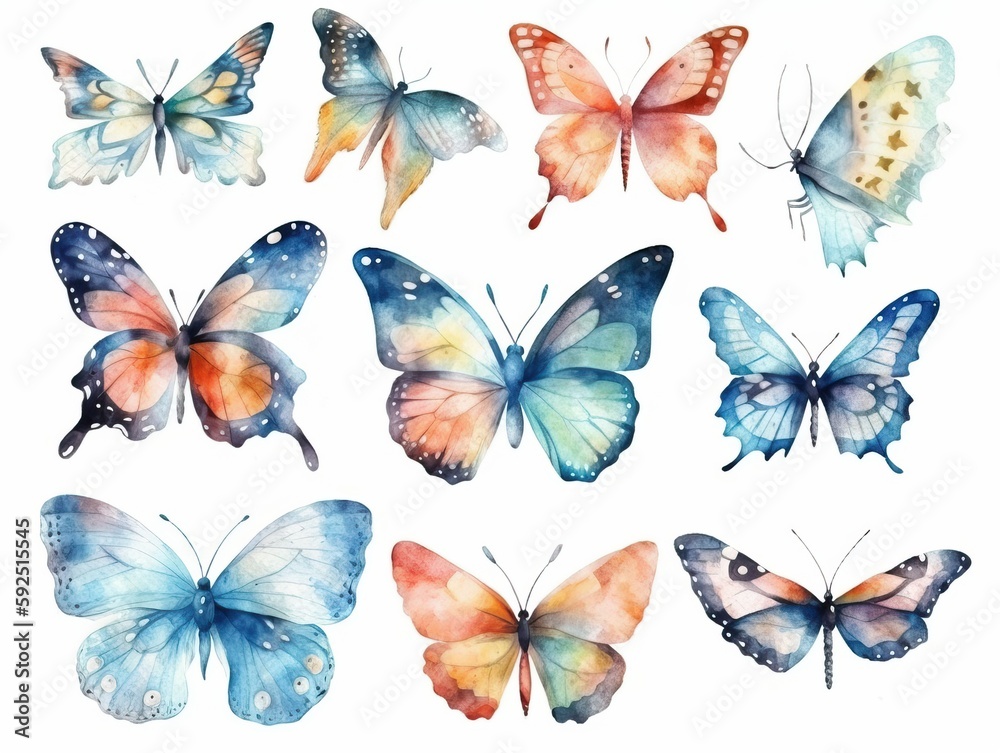 Hand drawn watercolor butterflies set isolated on white background with design elements. generative ai