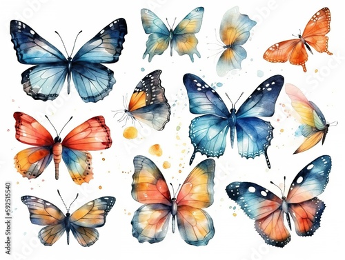 Hand drawn watercolor butterflies set isolated on white background with design elements. generative ai