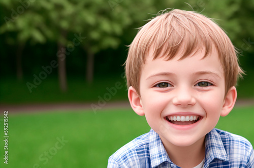 Little positive boy. Portrait of happy kid with smile on face. Generative AI.