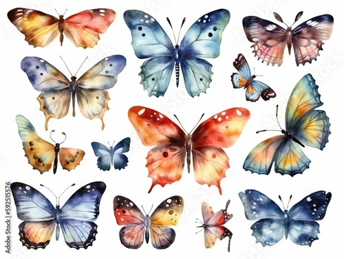 Hand drawn watercolor butterflies set isolated on white background with design elements. generative ai © megavectors