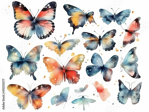 Hand drawn watercolor butterflies set isolated on white background with design elements. generative ai © megavectors