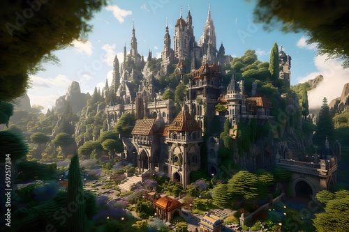 A majestic medieval castle surrounded by a heavenly landscape of lush green trees created with generative ai technology