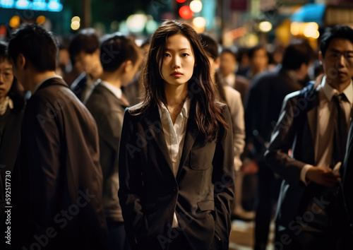 Attractive young chinese woman stand in the middle of street at night