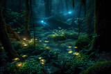 Bioluminescent mushrooms in the forest generative ai