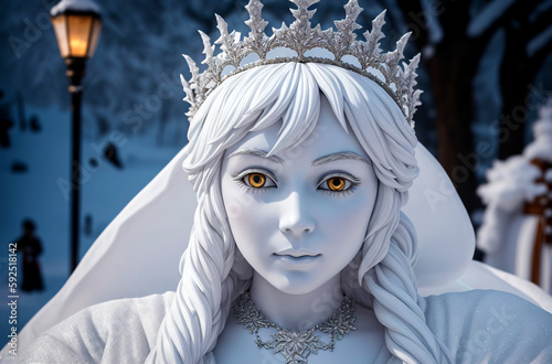 Snow queen. Portrait of snow woman with icy heart. Generative AI.