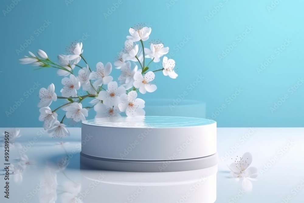 white podium with flower on blue background white podium with flower on blue background