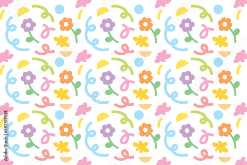 Cute and colourful abstract background with various shapes. Pastel colour. Summer print. Vector illustration. Can be used for print, decoration, presentation, banner, poster and many more.