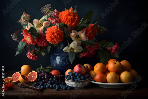 still life with flowers and fruits Generative AI