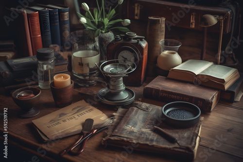 still life with books and glasses Generative AI