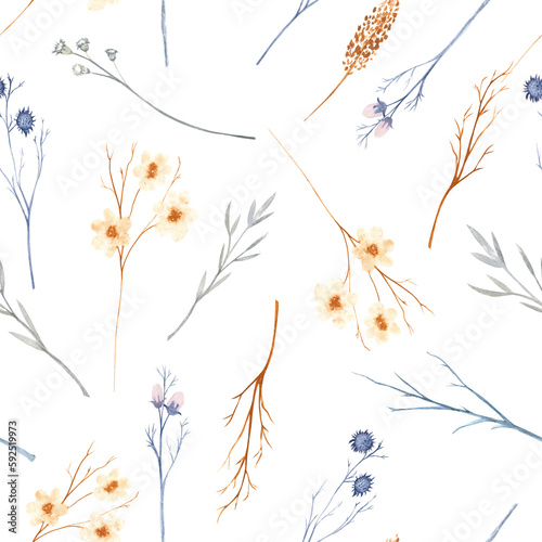 Seamless pattern with wild flovers and twigs. Watercolor illustration