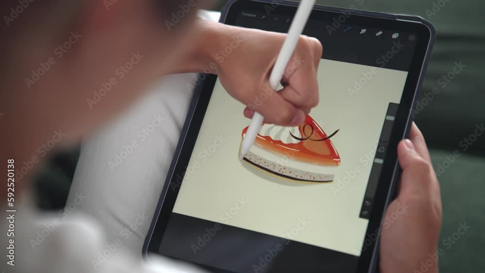Girl sketch graphic cafe logo close up. Digital illustrator uses stylus. Freelance artist works tablet ipad. Woman paint food image. Designer draw pic pencil. Job skill develop app. Person create art.