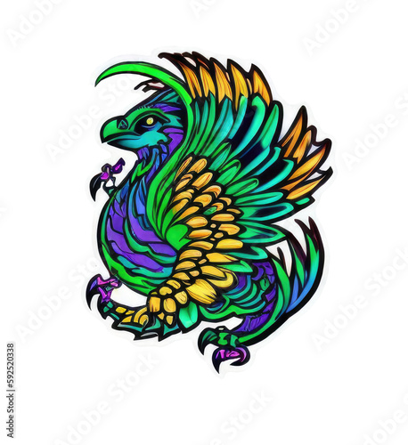 eagle bird , with green and mauve feathers on the wings , illustration, Generative AI