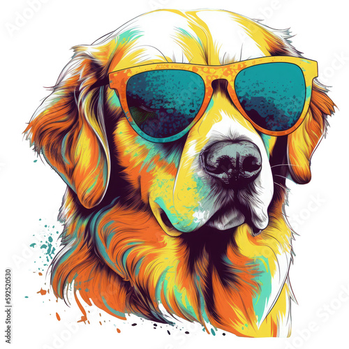 Cute Happy Golden Retriever, wearing sunglasses T-shirt Vector Illustration, Printable design for wall art, Poster, mugs, cases, etc.