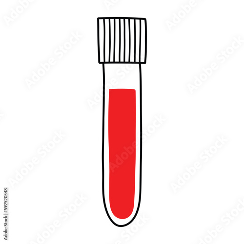 Test tube with blood in doodle style. Vector illustration. Isolated chemical test tube.