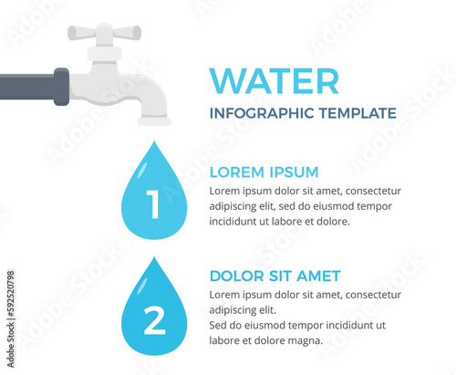 Infographic template with faucet and two water drops with numbers and text, vector eps10 illustration