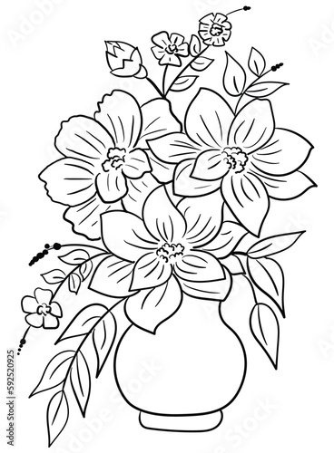 Embrace the beauty of nature with Floral Elegance, a coloring page featuring a stunning outline illustration of a vase filled with elegant flowers. Let your creativity bloom.