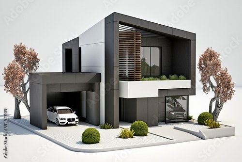 A modern house with a garage on white background isolated