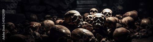human skulls and bones in underground burial in a cemetery. Generative AI illustration