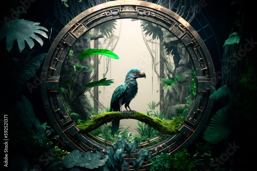 Portal to jurassic park with birds in the jungle. Generative AI photo