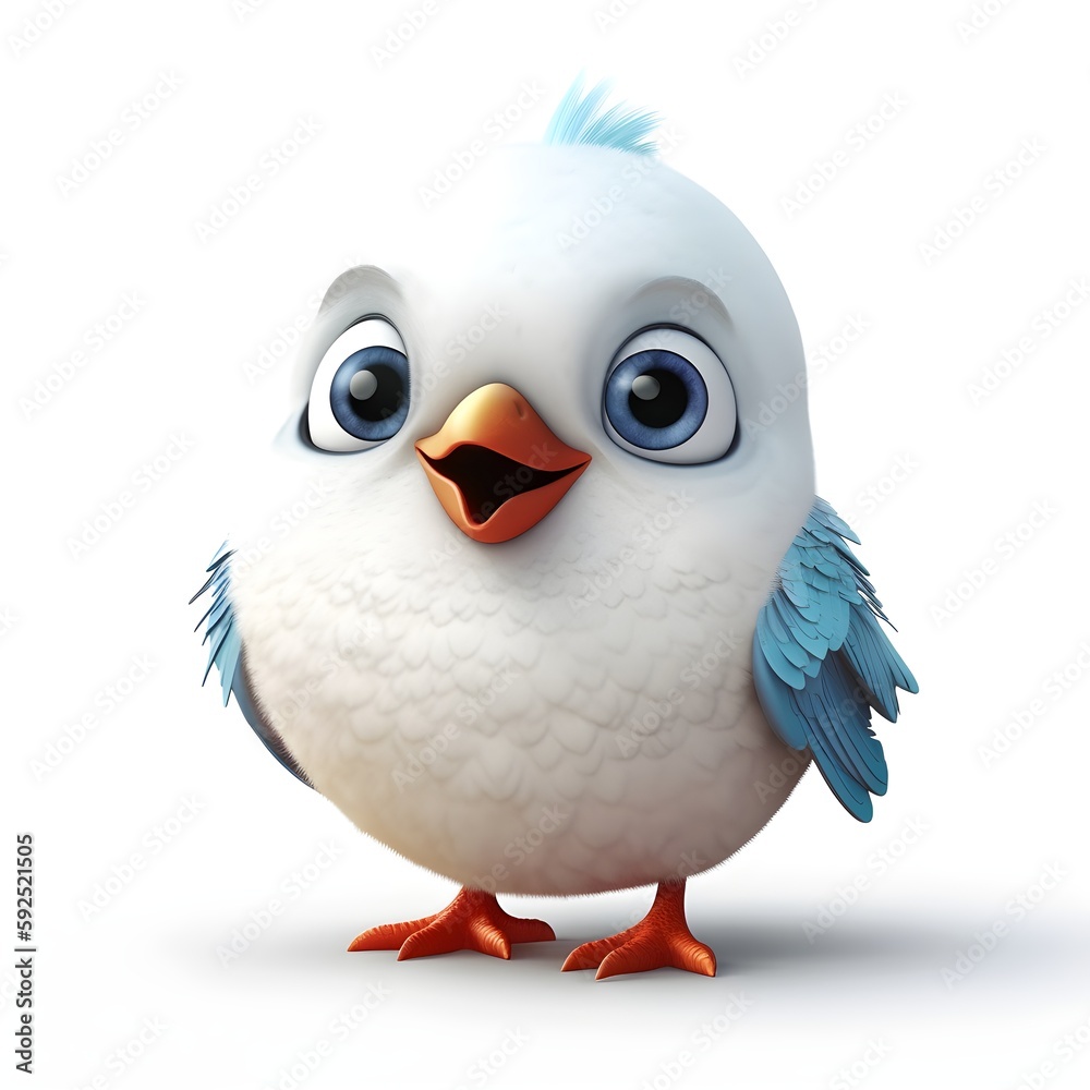 3d blue bird white background, cute, 3D, cartoon, Generative AI, animal