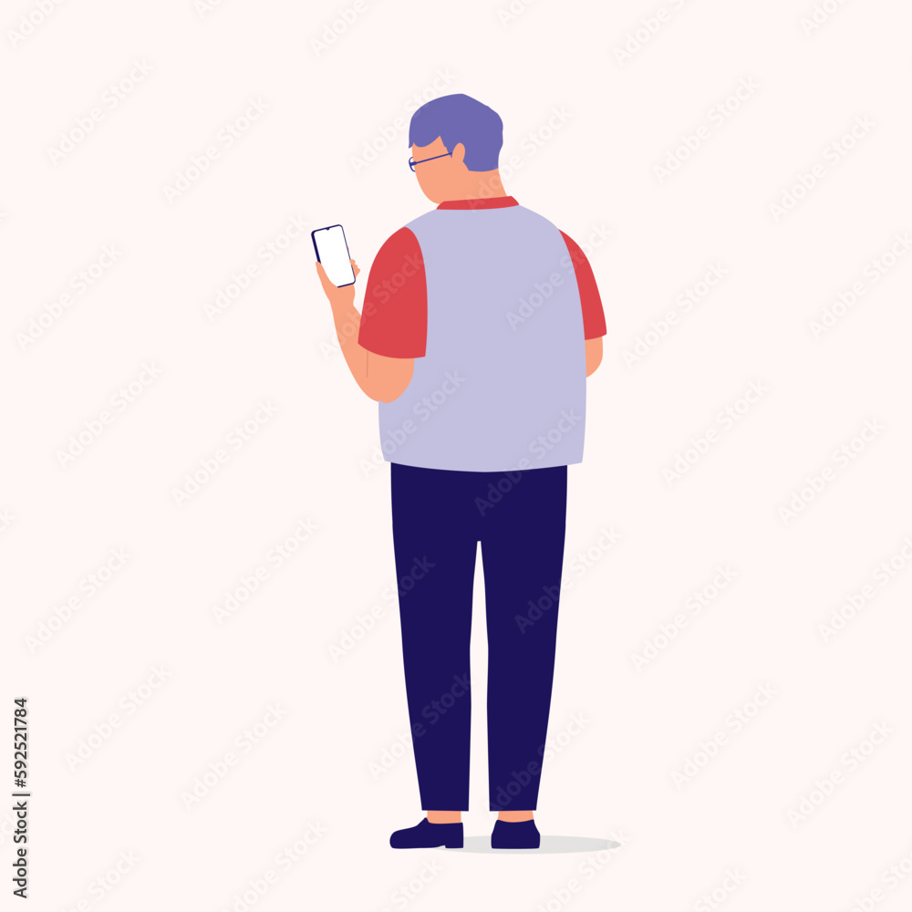 Back View Of A Senior Man Using Mobile Phone. Smart Phone. Full Length. Flat Design Style, Character, Cartoon.