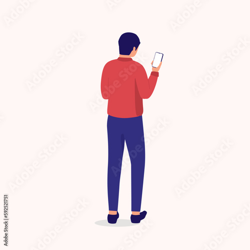 Back View Of A Businessman Using Mobile Phone. Smart Phone. Full Length. Flat Design Style, Character, Cartoon.