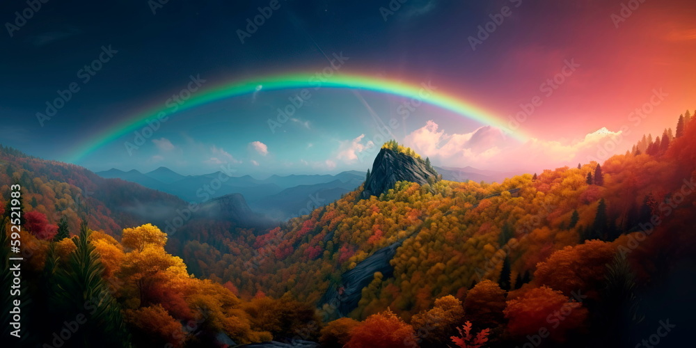 mystical landscape with a rainbow-colored aurora borealis lighting up the sky Generative AI