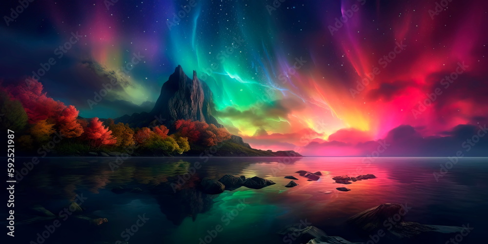 mystical landscape with a rainbow-colored aurora borealis lighting up the sky Generative AI