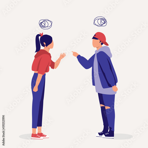 Two Teenager Brother And Sister Fighting With Each Other. Full Length. Flat Design Style, Character, Cartoon.