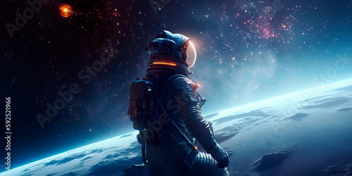 astronaut is engaged in meditation in space on the background of the solar system Generative AI