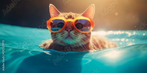Cat in sunglasses floating in the pool on an inflatable mattress Generative AI