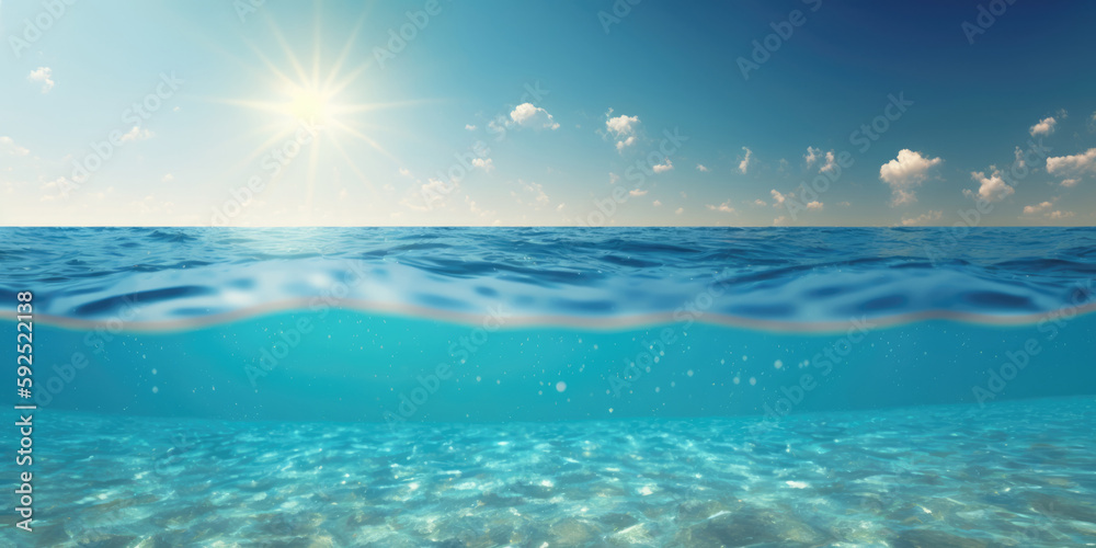 Sea wave background, low angle view. View from water, view of  blue sky, sun and wave. Seascape, sea view. Sea or ocean wave close-up view, cross section. Generative ai illustration