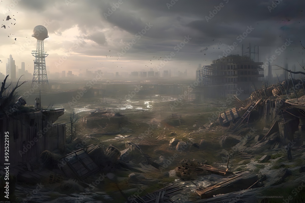 An abandoned city in a post-apocalyptic world created with generative ai technology
