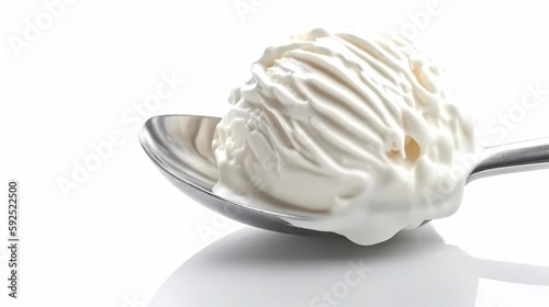Fototapeta Naklejka Na Ścianę i Meble -  Illustration of a spoon with vanilla ice cream with a traced texture on a white background. Generated by artificial intelligence