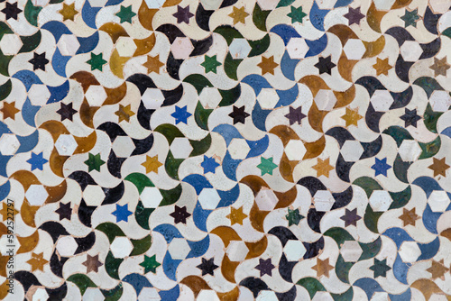 Islamic Moorish architecture style tiles colorful mosaic background, geometric pattern
