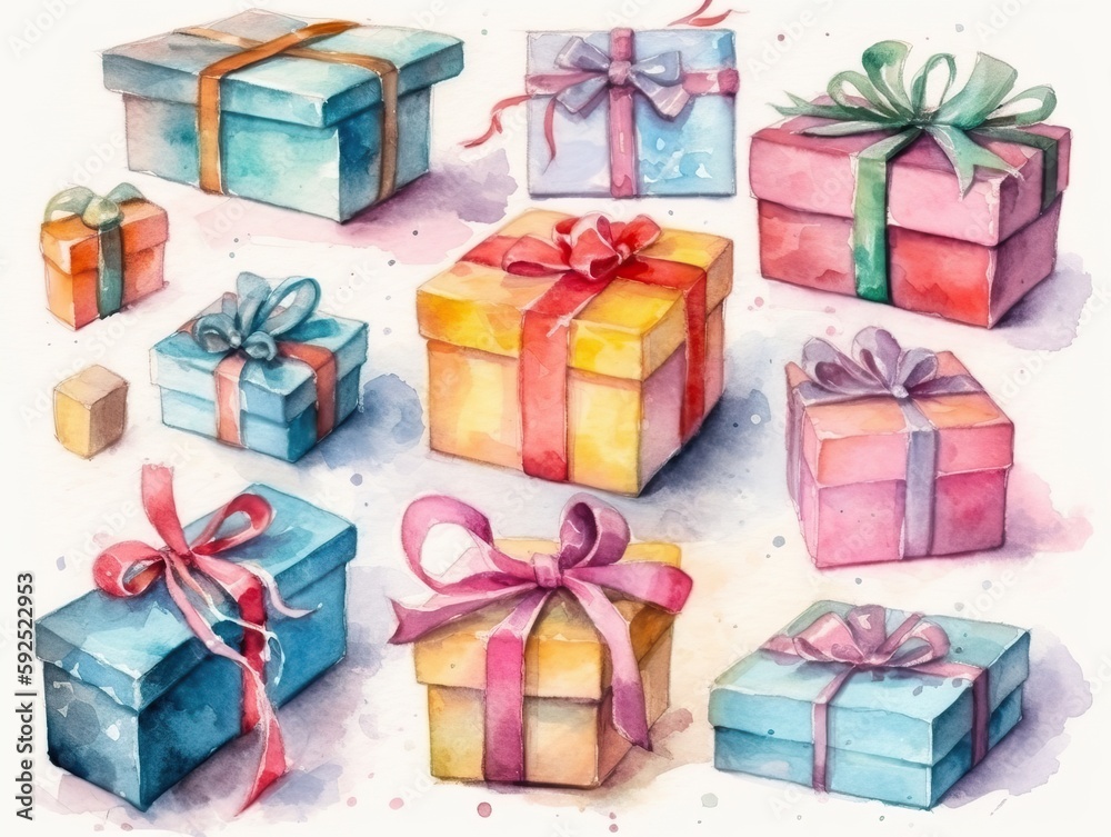 Gift boxes collection. Hand drawn watercolor gift box set isolated on white background with design elements. generative ai Gift boxes collection. Hand drawn watercolor gift box set isolated on white background with design elements. generative ai