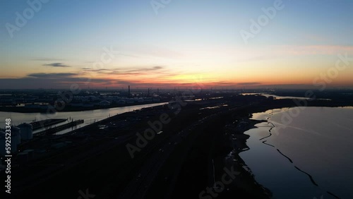 Stunning Silhouette View Of Oostvoornse Meer At Dawn In South Holland, The Netherlands. aerial, wide photo