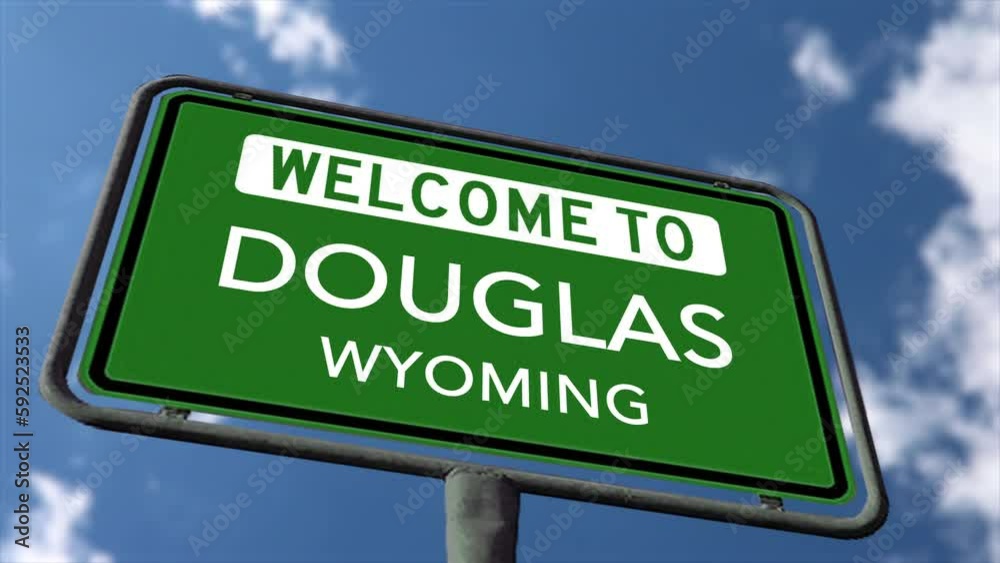 to Douglas, Wyoming, US City Road Sign Close Up Realistic 3D