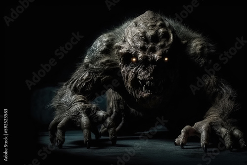 horrible creepy furry monster in dark. Generative AI illustration