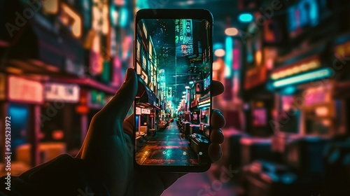 Hand Holding a Smartphone, Showing a Pictorial of the City at Night, Colorful Japanese Street Scenes. “Generative AI”