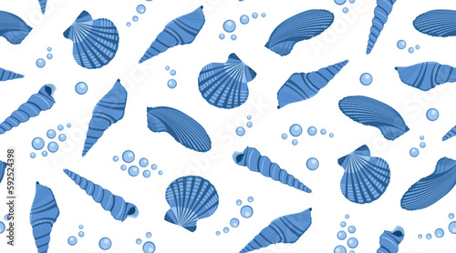 Seamless image of a shell in a horizontal view. Vector pattern with blue shells of different types with water bubbles.