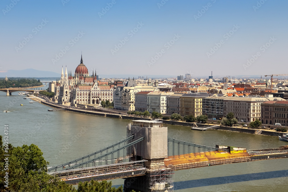 View of the city of Budapest on a summer sunny day.In the background is the Hungarian parliament building.