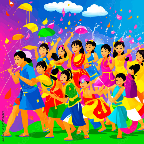 Songkran splashing water on each other with buckets, water guns, or other water-spraying devices