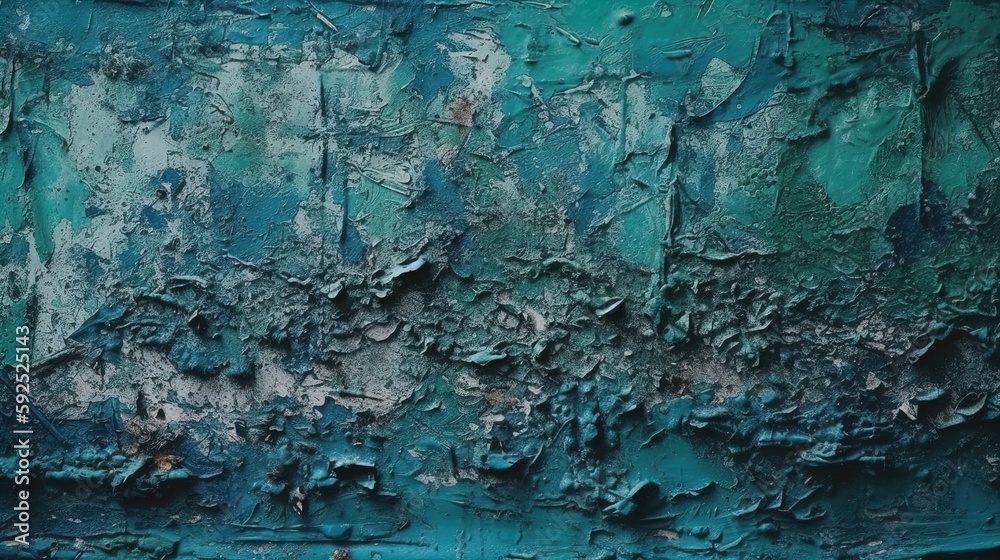 Dark green blue uneven texture. Painted old wall with plaster. Teal color. Grunge surface background for design. Rough brush strokes. Empty. Close-up.