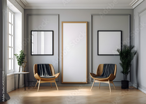 A room three blank white wall frames mockup  Generative AI