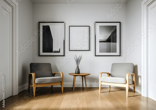 A room three blank white wall frames mockup, Generative AI