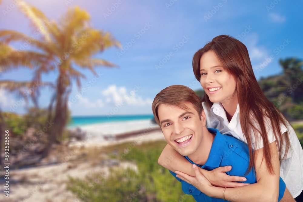 Happy beautiful couple on beach. have fun Happy beautiful couple on beach. have fun