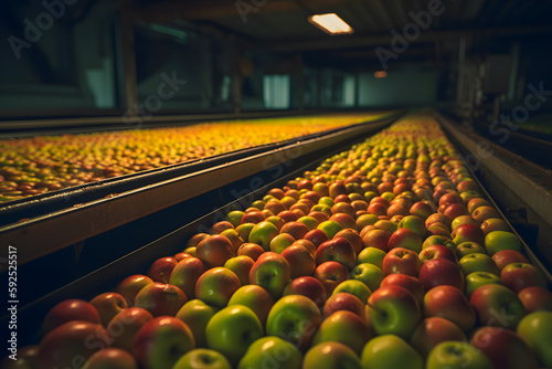 Transport of freshly harvested apples in a food factory for sale or production of puree, juice, dried fruit. Generative AI