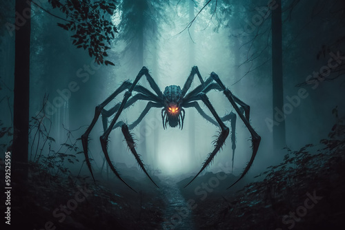scary big spider monster in foggy forest at night. Phobia of spiders. Generative AI illustration © alexkoral